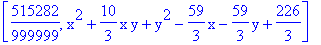 [515282/999999, x^2+10/3*x*y+y^2-59/3*x-59/3*y+226/3]